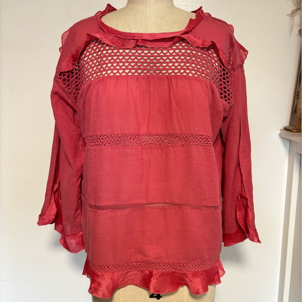 Isabel Marant Silk Coral Pink Ruffle  Crochet Yoke Peasant Blouse 34 Small